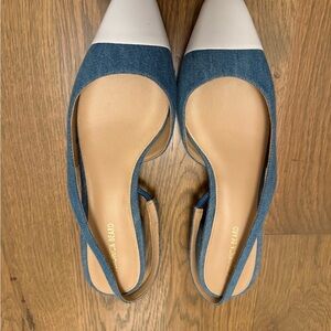 Veronica Beard Blue Denim and White Pointed Slingback Flats